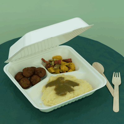 Bagasse Clamshell 3 Compartment Meal Box 9" x 9" (100 pack)